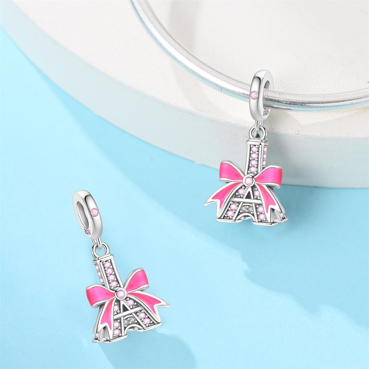 Pangama Jewelry Eiffel Tower with Pink Bow Dangle Charm