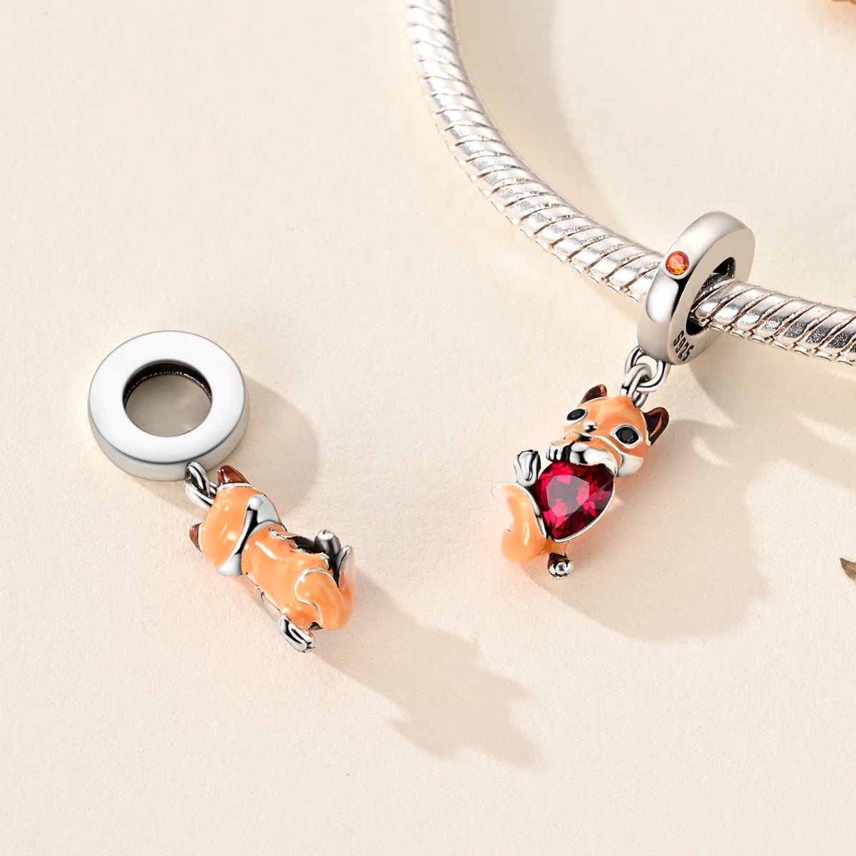Pangama Jewelry Fox Hugging Red Heart Dangle Charm