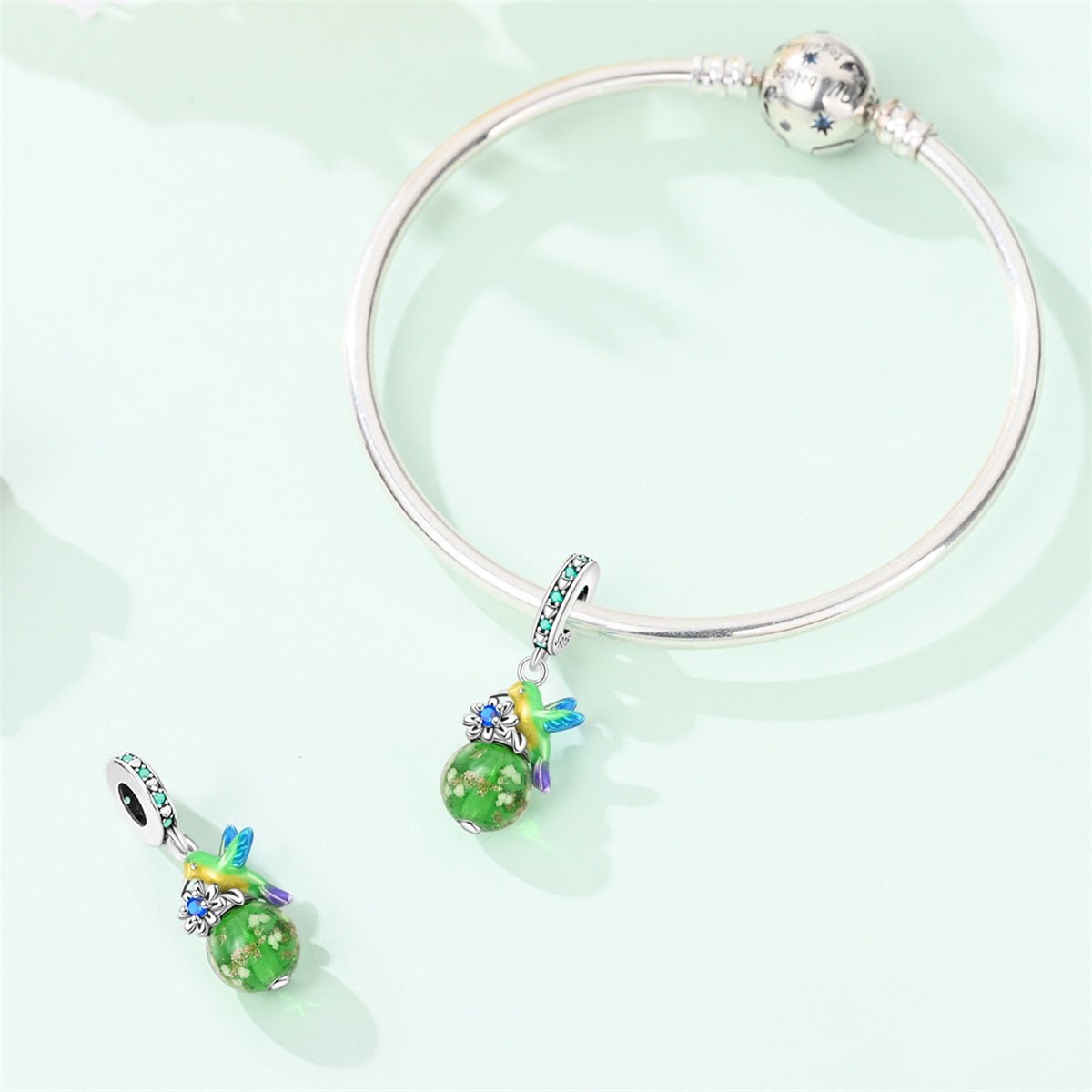 Pangama Jewelry Glow in the Dark Luminous Hummingbird & Flower Dangle Charm