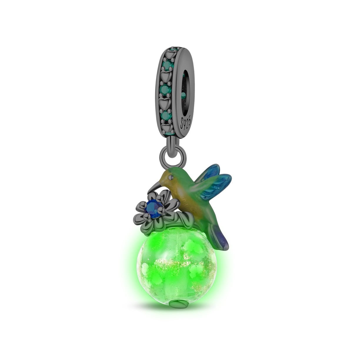 Pangama Jewelry Glow in the Dark Luminous Hummingbird & Flower Dangle Charm
