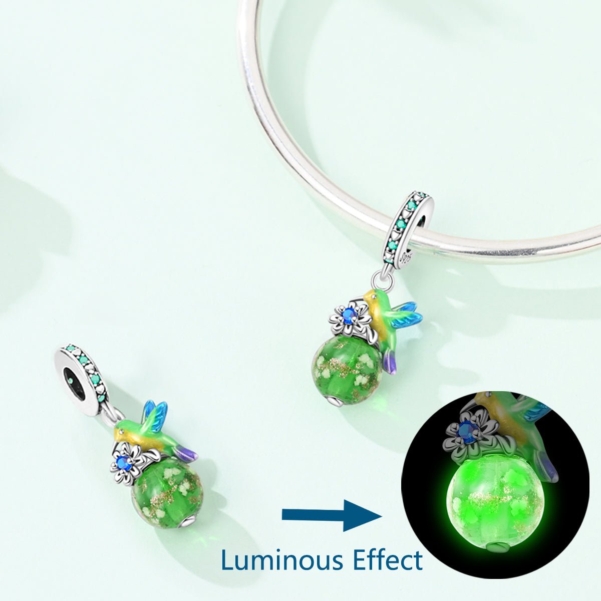 Pangama Jewelry Glow in the Dark Luminous Hummingbird & Flower Dangle Charm