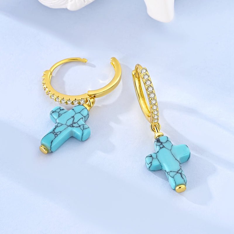 Pangama Jewelry Gold Hoop Earrings with Turquoise Cross
