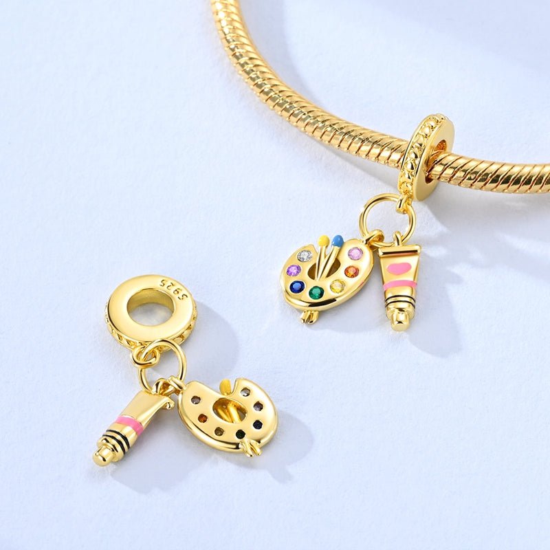 Pangama Jewelry Golden Artist Palette & Paint Tube Dangle Charm