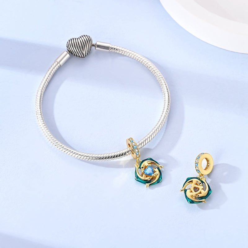 Pangama Jewelry Golden Blue Dolphins with Heart Ocean Sparkle Dangle Charm