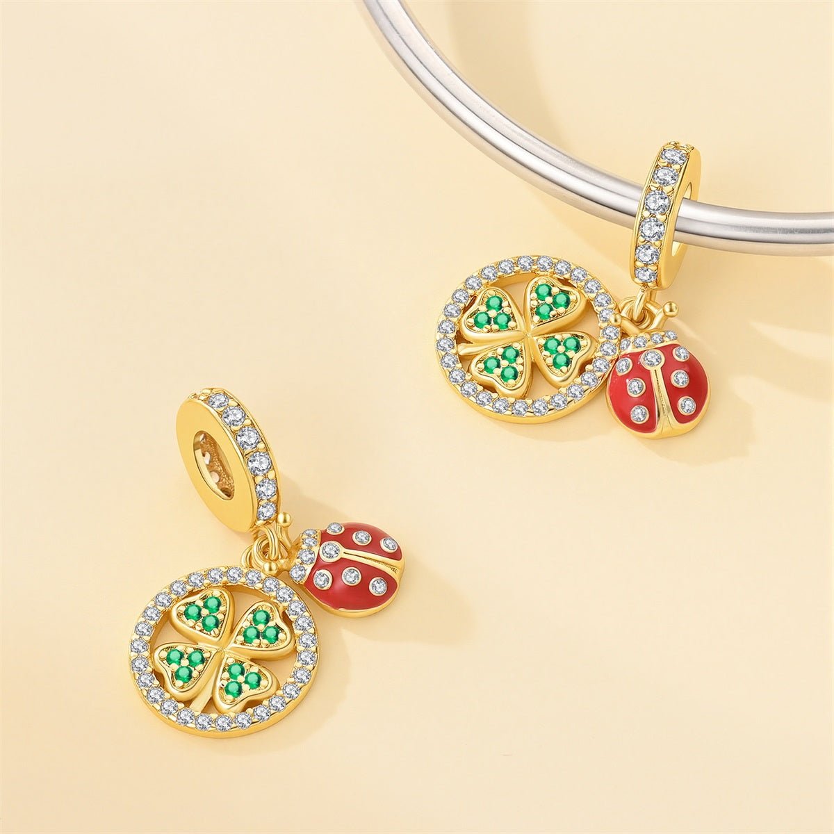 Pangama Jewelry Golden Four - Leaf Clover & Ladybug Lucky Dangle Charm
