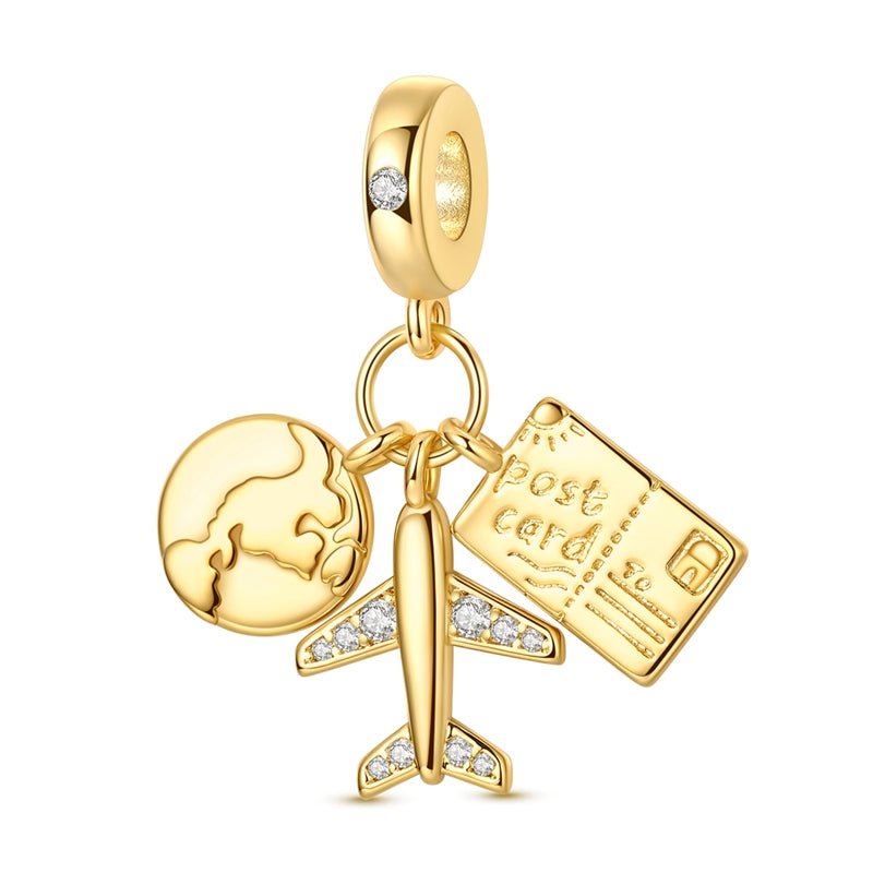 Pangama Jewelry Golden Globe, Airplane & Postcard Triple Dangle Charm