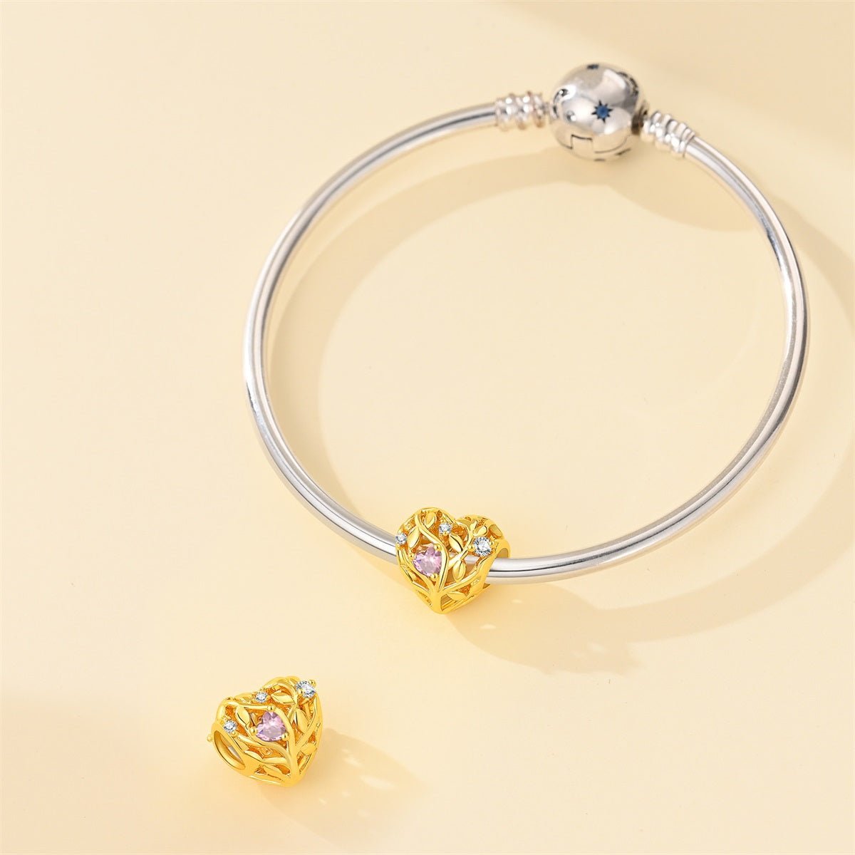 Pangama Jewelry Golden Heart Tree of Life Pink Crystal Charm