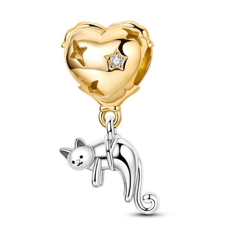 Pangama Jewelry Golden Heart with Playful Cat Dangle Charm