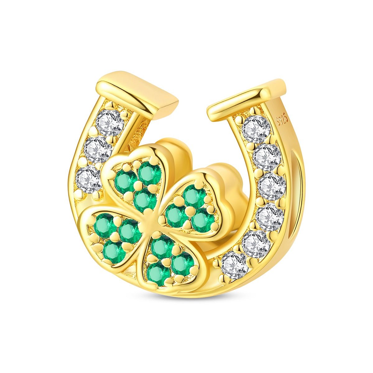 Pangama Jewelry Golden Horseshoe with Green Clover Lucky Charm