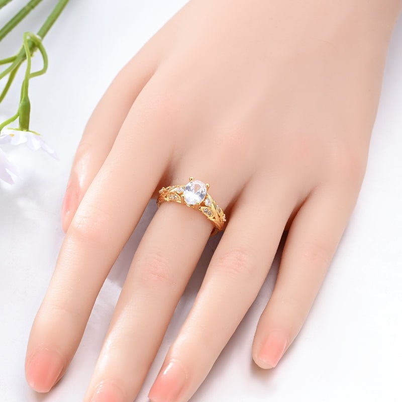 Pangama Jewelry Golden Leaf Sparkle Oval Solitaire Ring