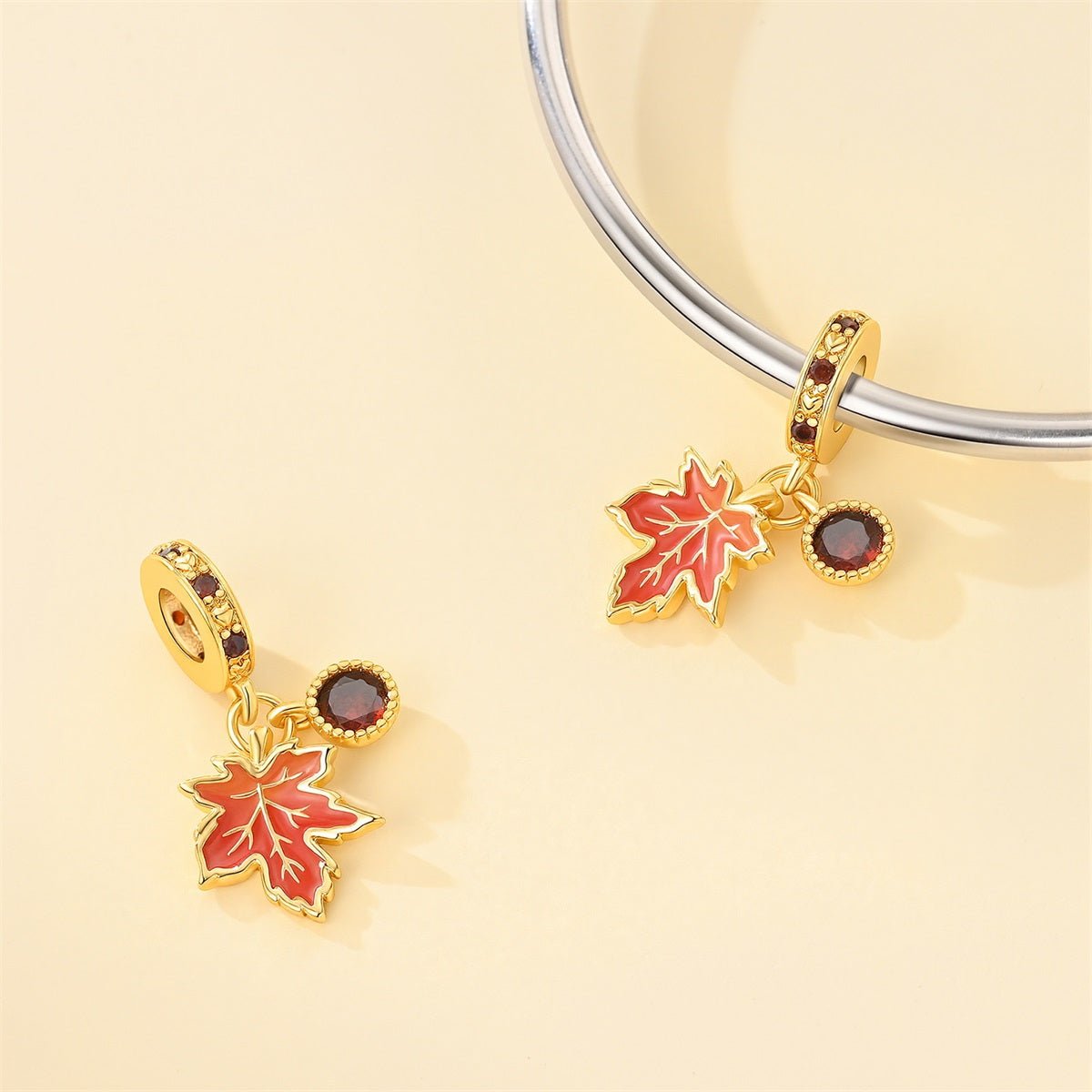 Pangama Jewelry Golden Maple Leaf & Red Crystal Dangle Charm