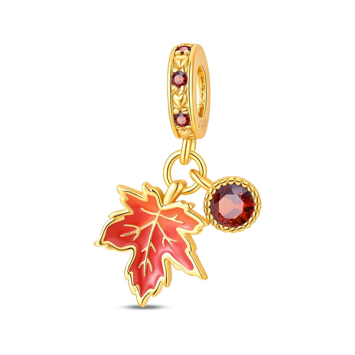 Pangama Jewelry Golden Maple Leaf & Red Crystal Dangle Charm