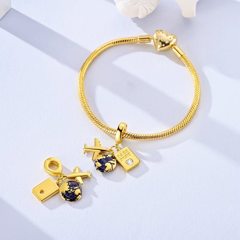Pangama Jewelry Golden Passport, Globe & Airplane Triple Dangle Charm