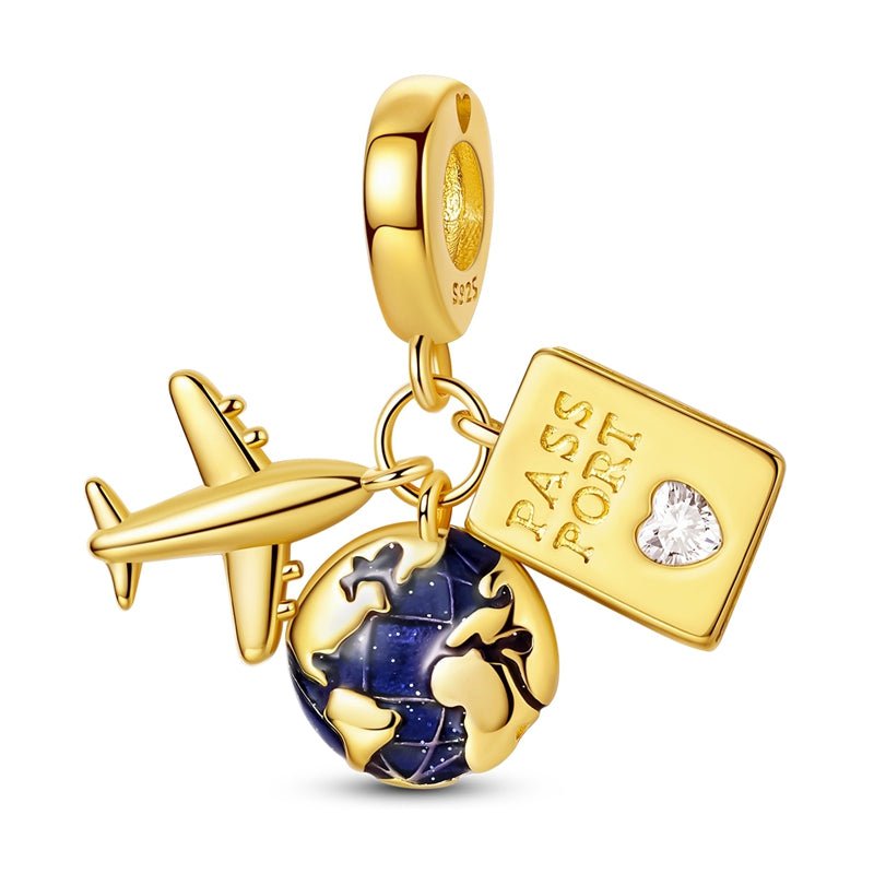 Pangama Jewelry Golden Passport, Globe & Airplane Triple Dangle Charm