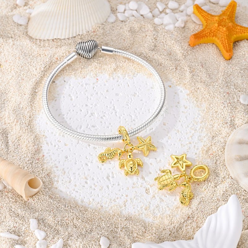 Pangama Jewelry Golden Sea Turtle, Seahorse & Starfish Dangle Charm