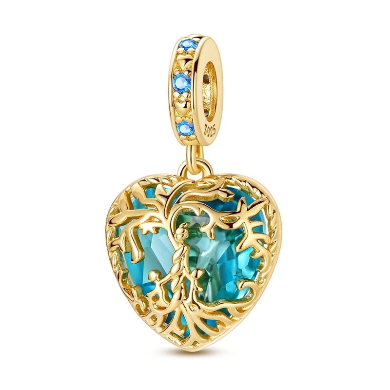 Pangama Jewelry Golden Tree of Life Blue Heart Dangle Charm