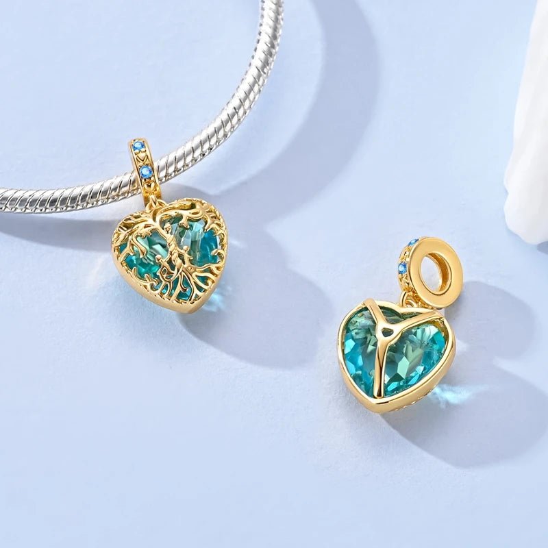 Pangama Jewelry Golden Tree of Life Blue Heart Dangle Charm