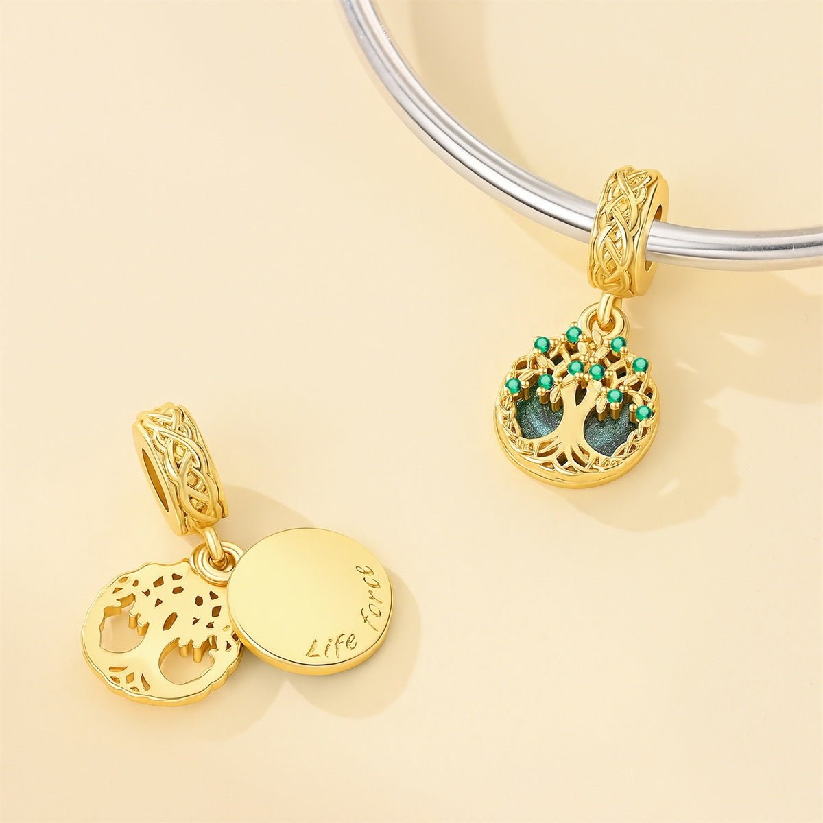 Pangama Jewelry Golden Tree of Life with Green Crystal Dangle Charm