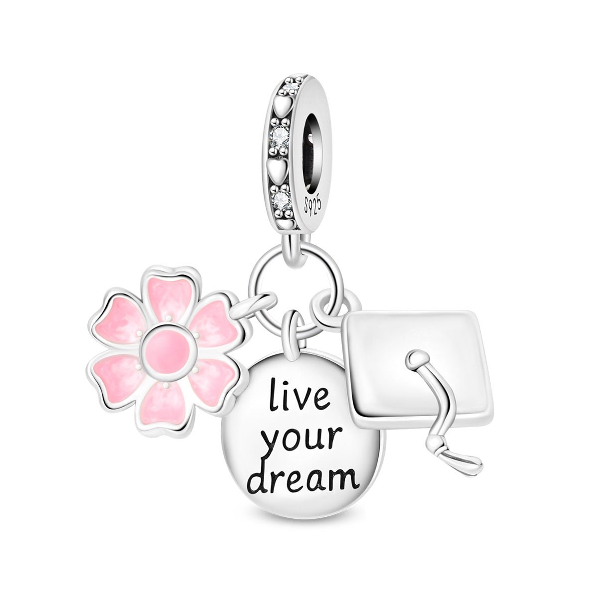 Pangama Jewelry Graduation Cap, Pink Flower & “Live Your Dream” Dangle Charm