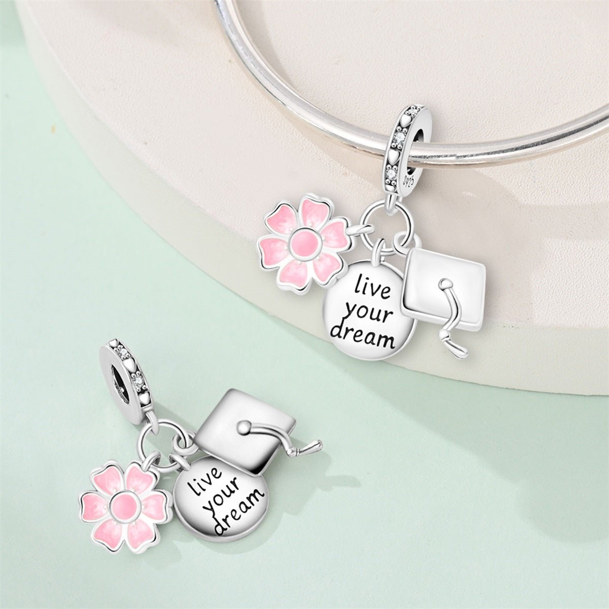 Pangama Jewelry Graduation Cap, Pink Flower & “Live Your Dream” Dangle Charm