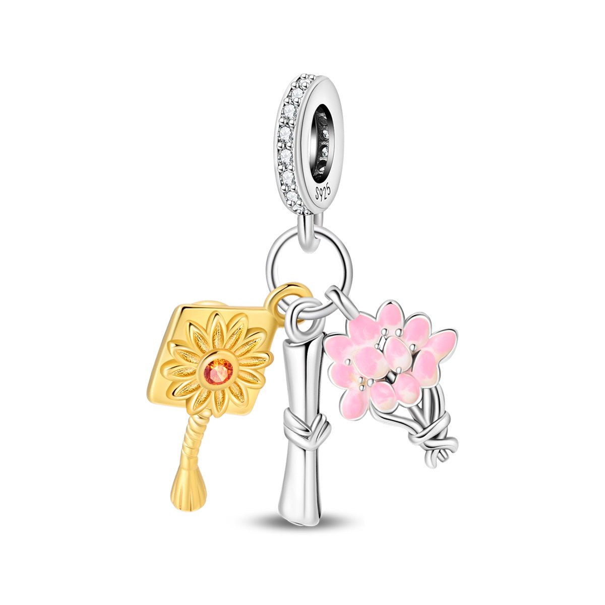 Pangama Jewelry Graduation Diploma, Bouquet & Cap Tassel Dangle Charm