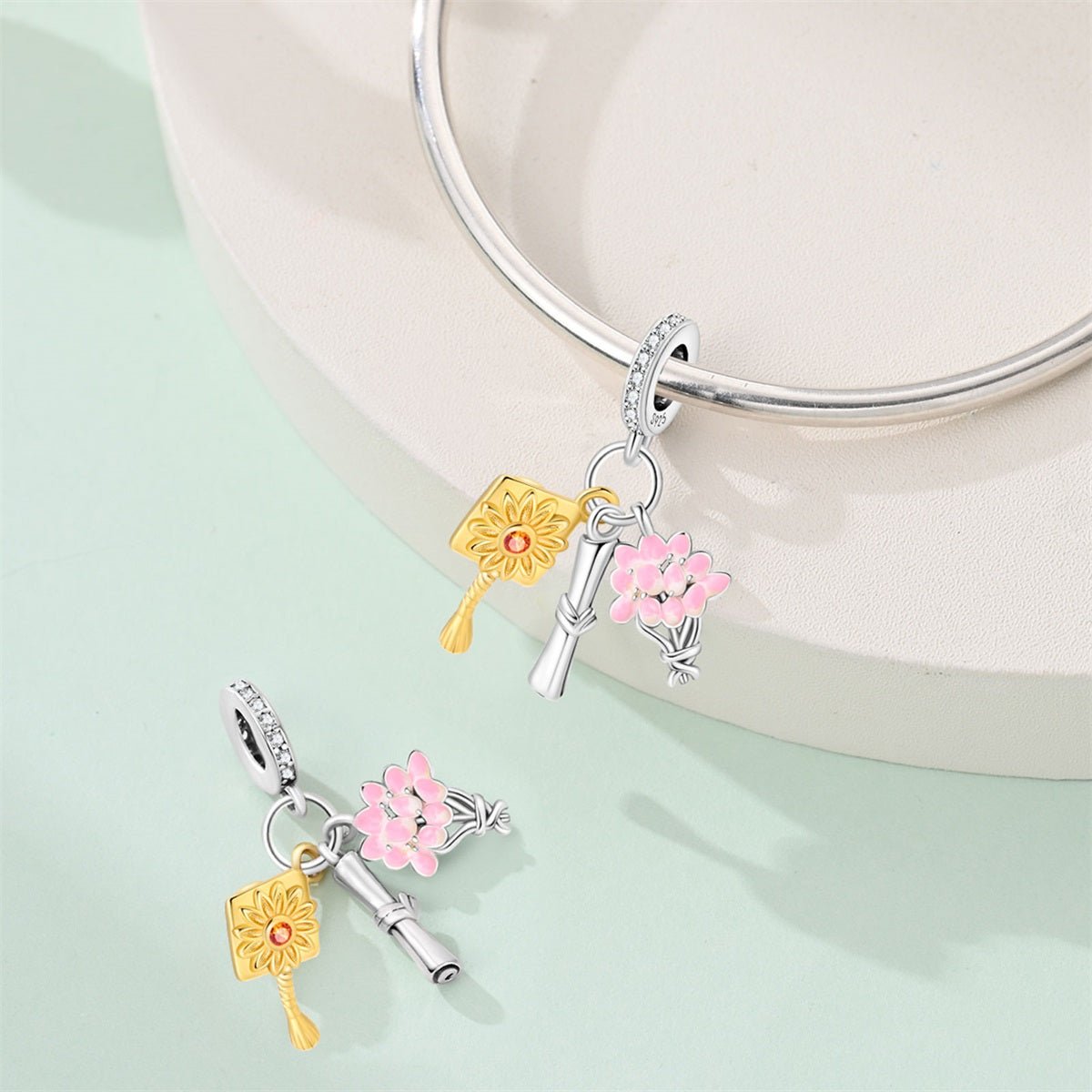 Pangama Jewelry Graduation Diploma, Bouquet & Cap Tassel Dangle Charm