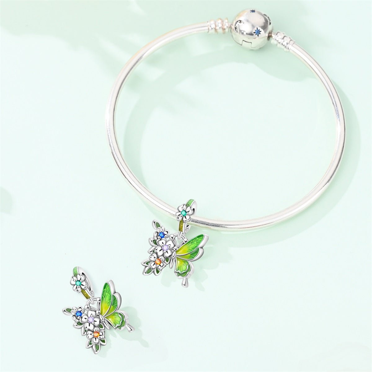 Pangama Jewelry Green Butterfly & Multicolor Flower Dangle Charm