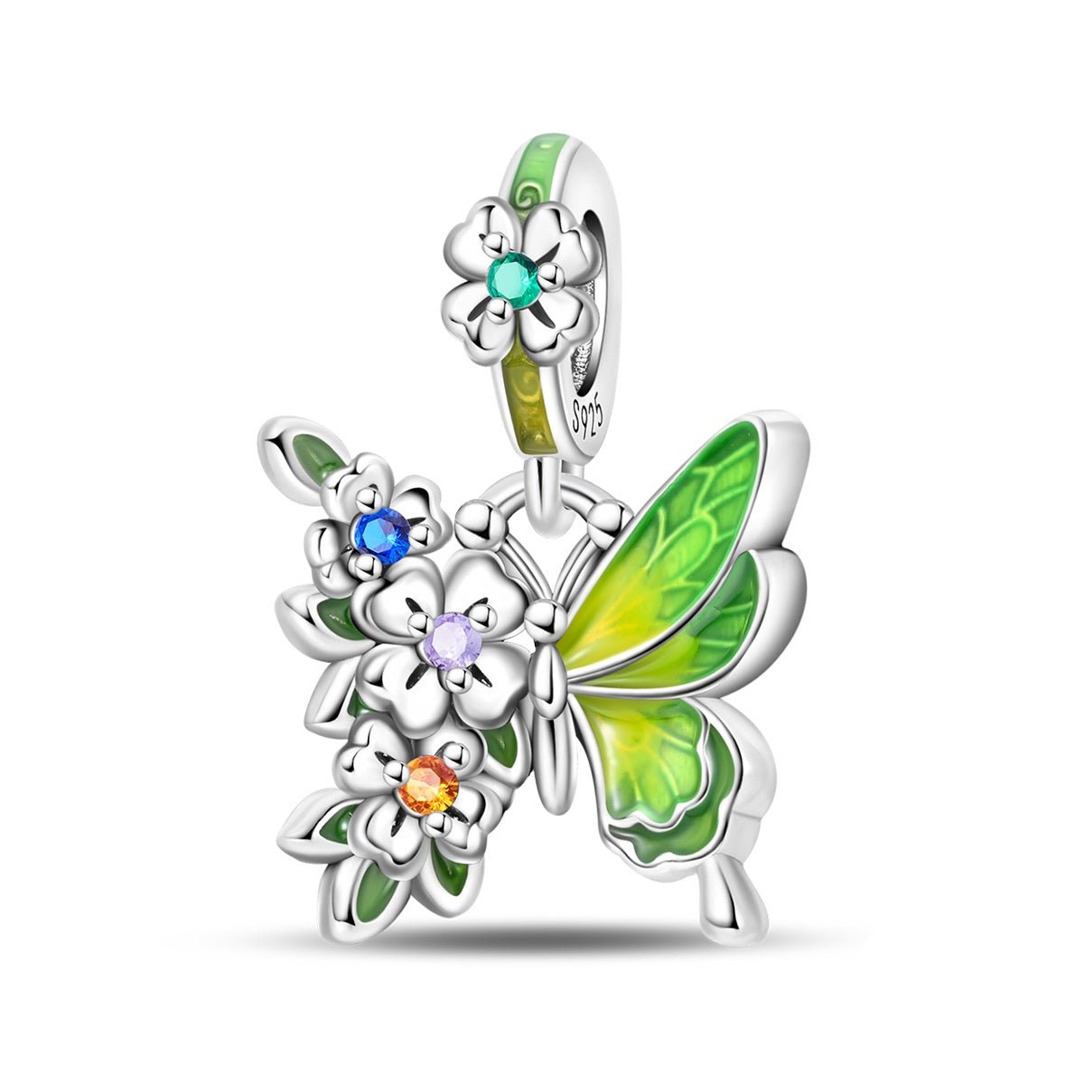 Pangama Jewelry Green Butterfly & Multicolor Flower Dangle Charm
