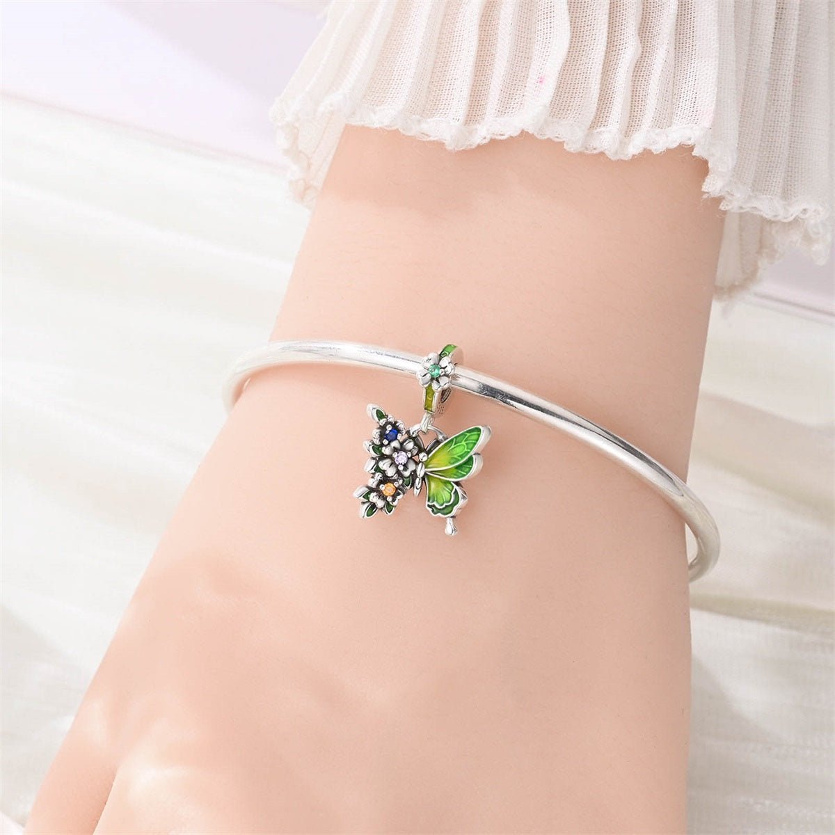 Pangama Jewelry Green Butterfly & Multicolor Flower Dangle Charm