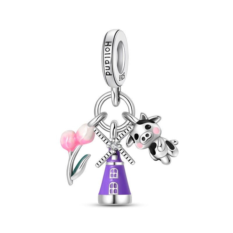 Pangama Jewelry Holland Windmill, Tulips & Cow Dangle Charm