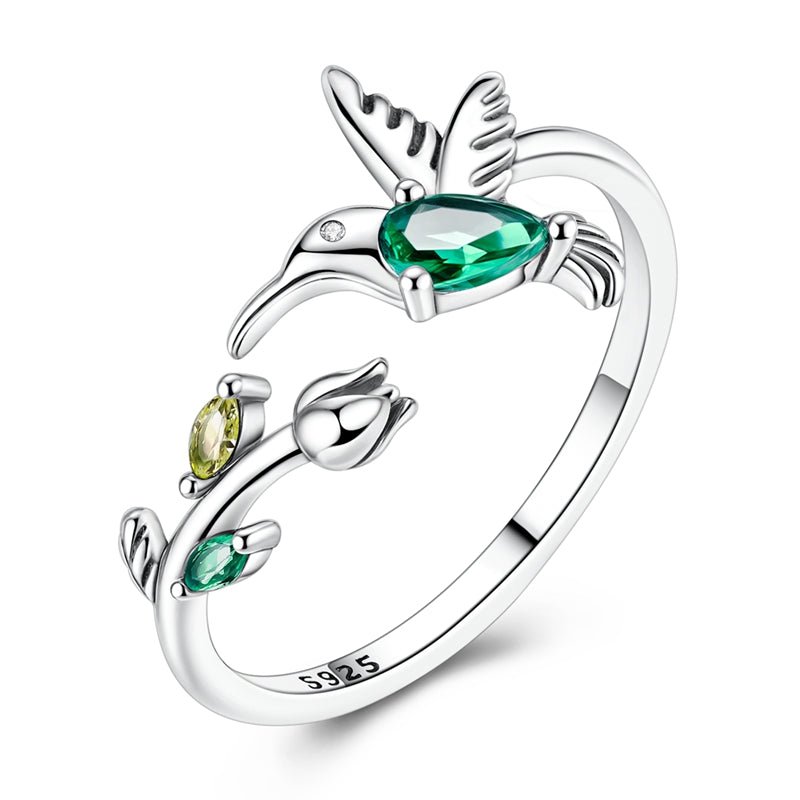 Pangama Jewelry Hummingbird with Green Crystal & Floral Adjustable Ring