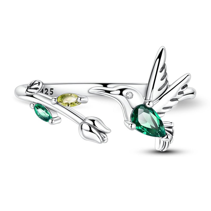 Pangama Jewelry Hummingbird with Green Crystal & Floral Adjustable Ring