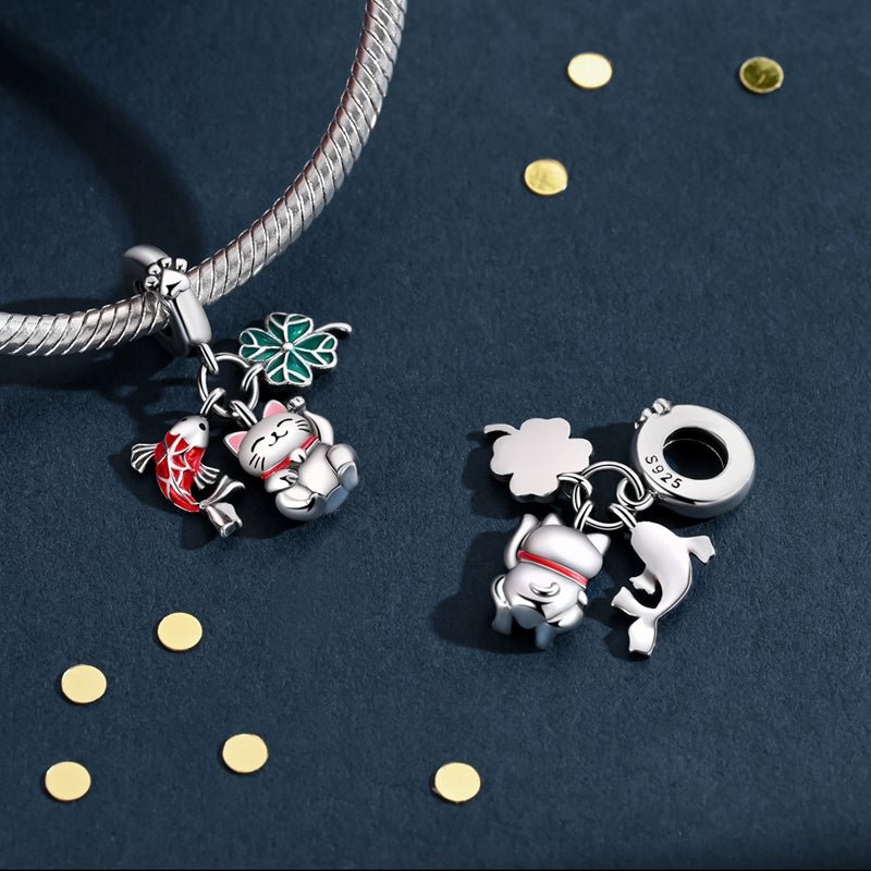 Pangama Jewelry Lucky Cat, Koi Fish, & Four - Leaf Clover Dangle Charm
