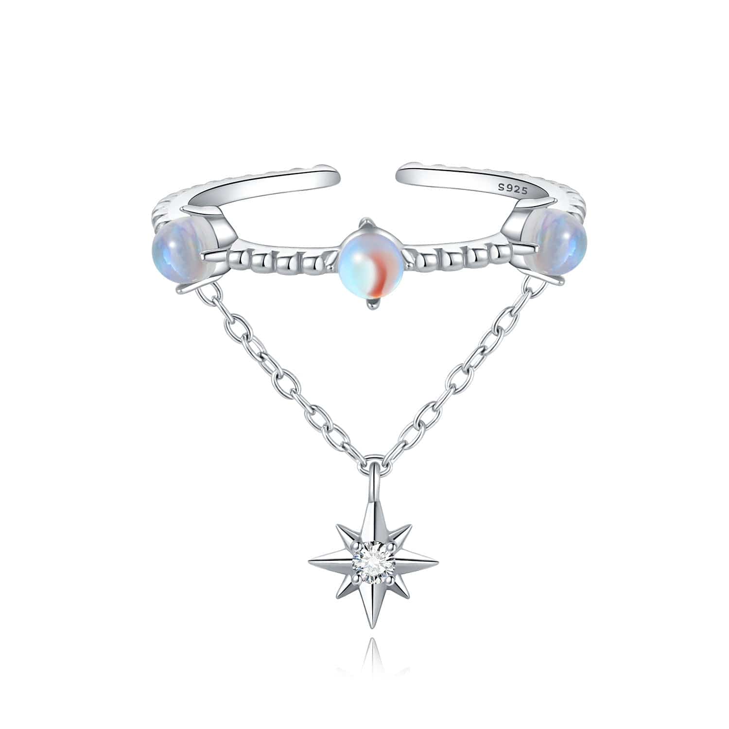 Lunar Glow Opal and Star Chain Adjustable Ring