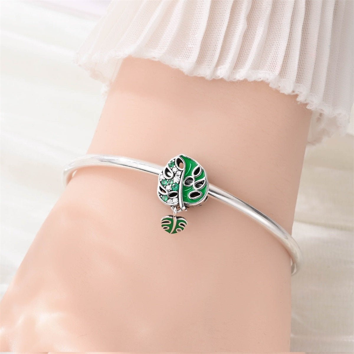 Pangama Jewelry Monstera Leaf & Green Crystal Dangle Charm