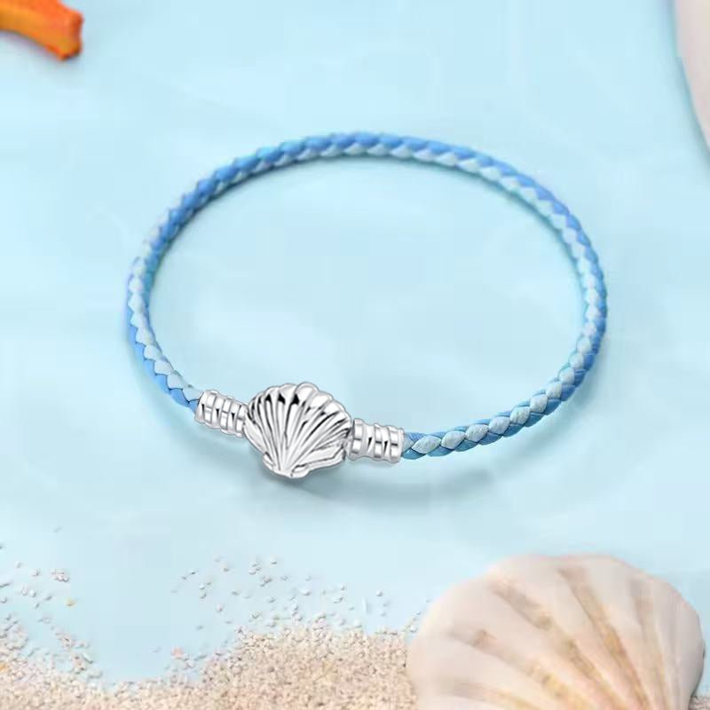 Pangama Jewelry Ocean Blue Braided Leather Bracelet with Seashell Clasp