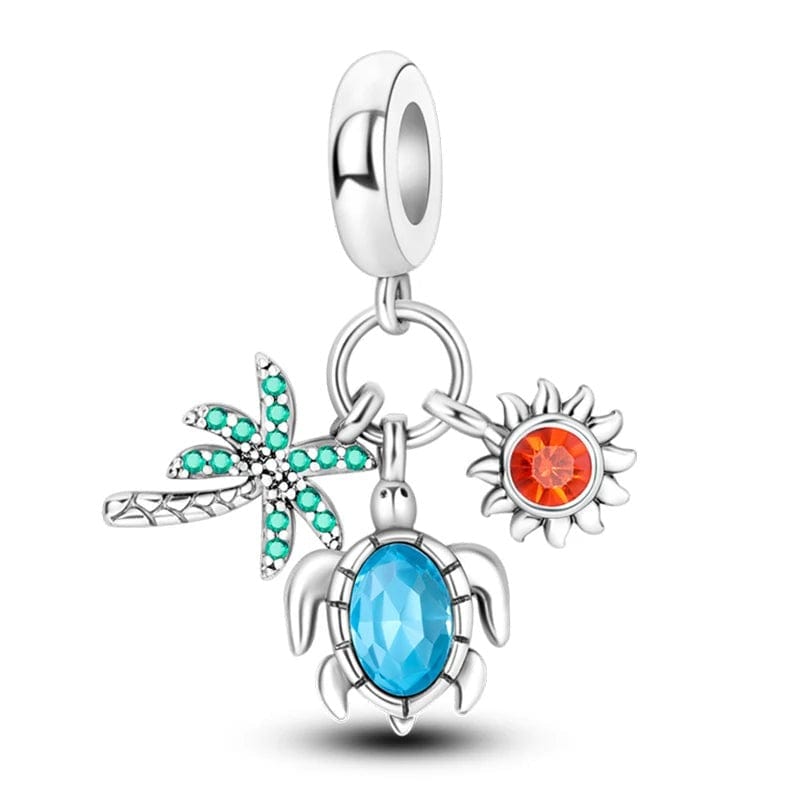 Ocean Palm Turtle and Sun Triple Dangle Charm