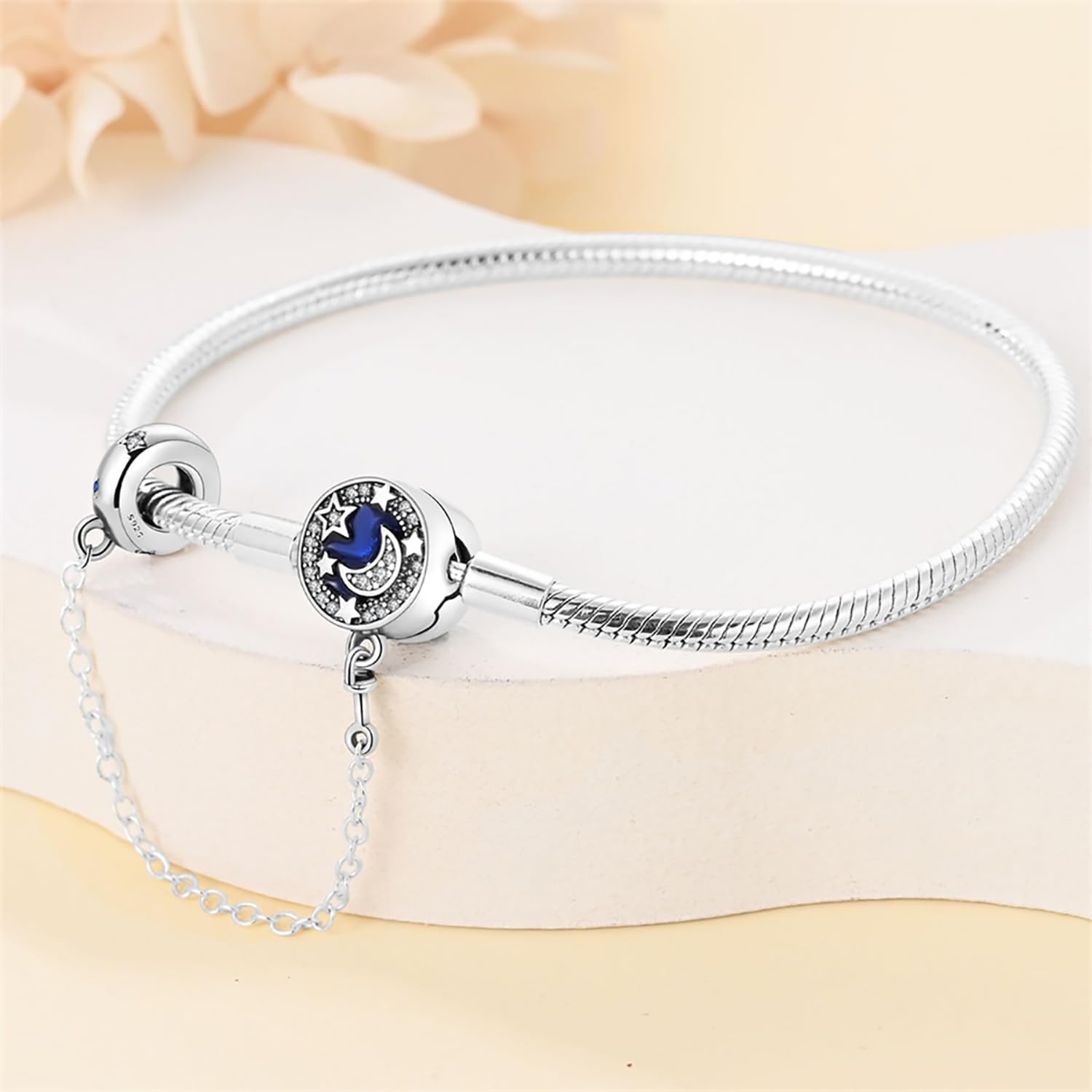 Pangama Jewelry Bracelet Crescent Moon with Star Bracelet, Blue Enamel and Crystal Accents