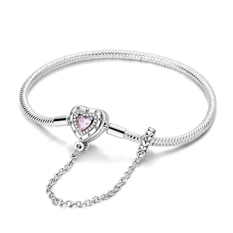 Pangama Jewelry Bracelet Heart Charm Bracelet with Pink Crystal and Safety Chain