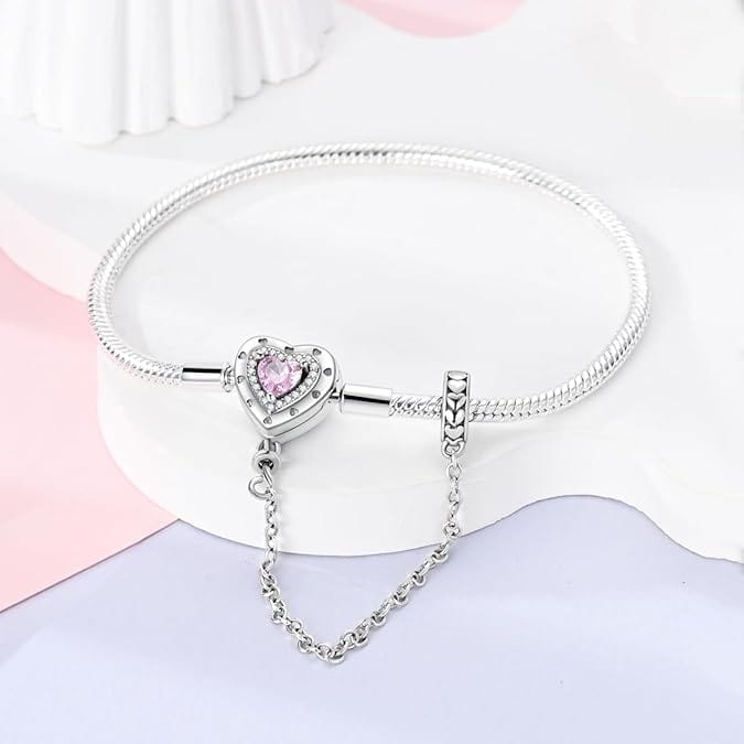 Pangama Jewelry Bracelet Heart Charm Bracelet with Pink Crystal and Safety Chain