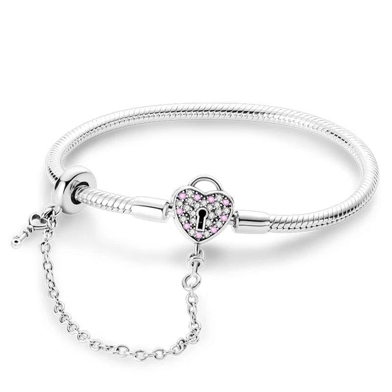 Pangama Jewelry Bracelet Heart Lock Charm Bracelet with Pink Accents and Safety Chain