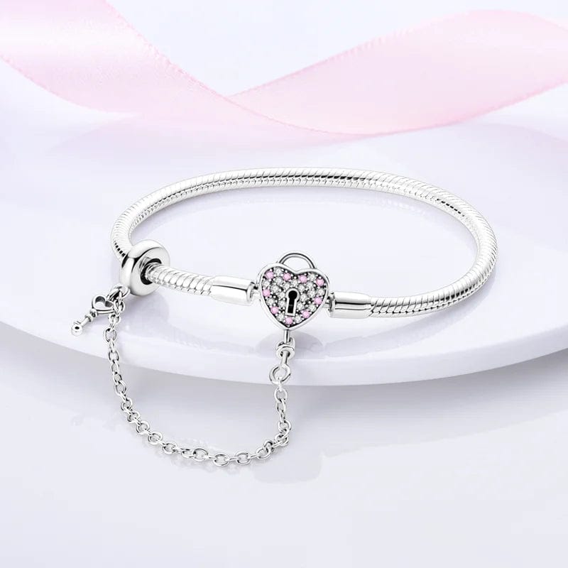 Pangama Jewelry Bracelet Heart Lock Charm Bracelet with Pink Accents and Safety Chain