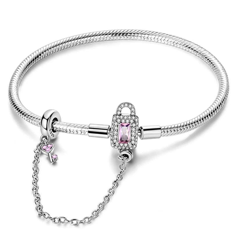 Pangama Jewelry Bracelet Lock and Key Bracelet with Pink Crystal and Safety Chain