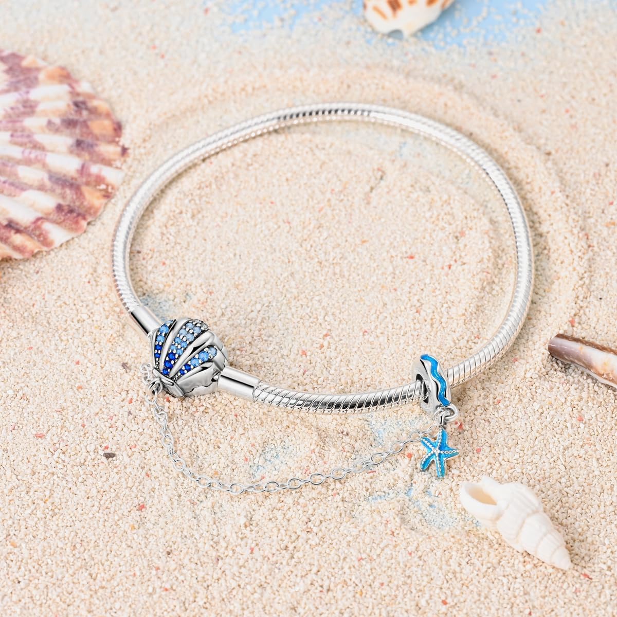 Pangama Jewelry Bracelet Ocean-Themed Bracelet with Blue Crystal Seashell and Starfish Charms