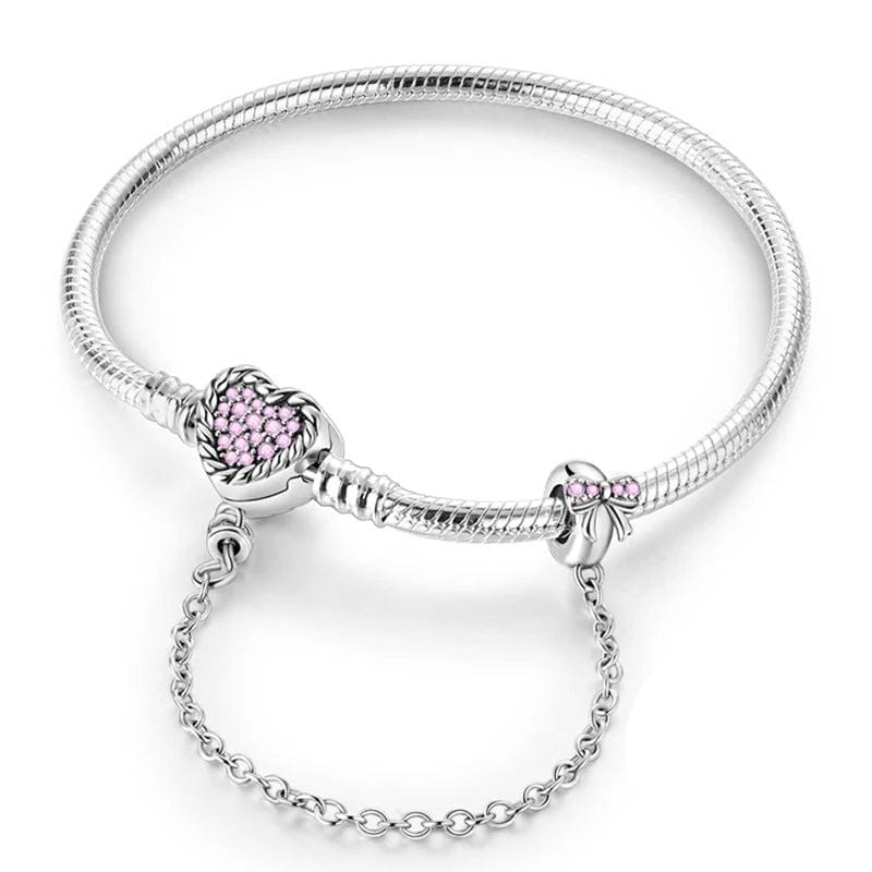 Pangama Jewelry Bracelet Pink Crystal Heart Charm Bracelet with Bow and Safety Chain