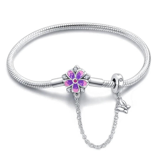 Pangama Jewelry Bracelet Purple Flower Charm Bracelet with Butterfly Dangle and Safety Chain