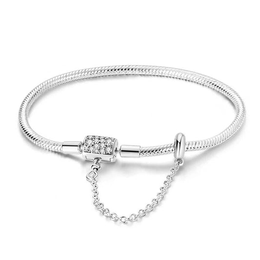 Pangama Jewelry Bracelet Sterling Silver Bracelet with Sparkling Pavé Clasp and Safety Chain