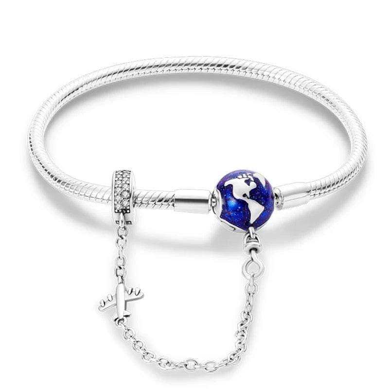 Pangama Jewelry Bracelet World Globe Charm Bracelet with Airplane and Safety Chain