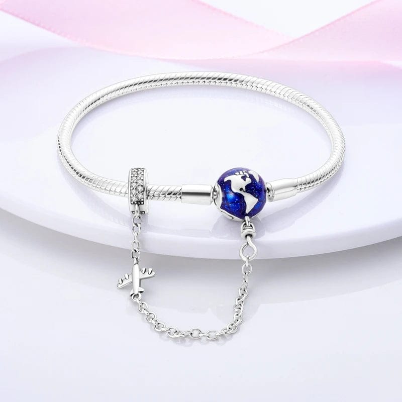 Pangama Jewelry Bracelet World Globe Charm Bracelet with Airplane and Safety Chain