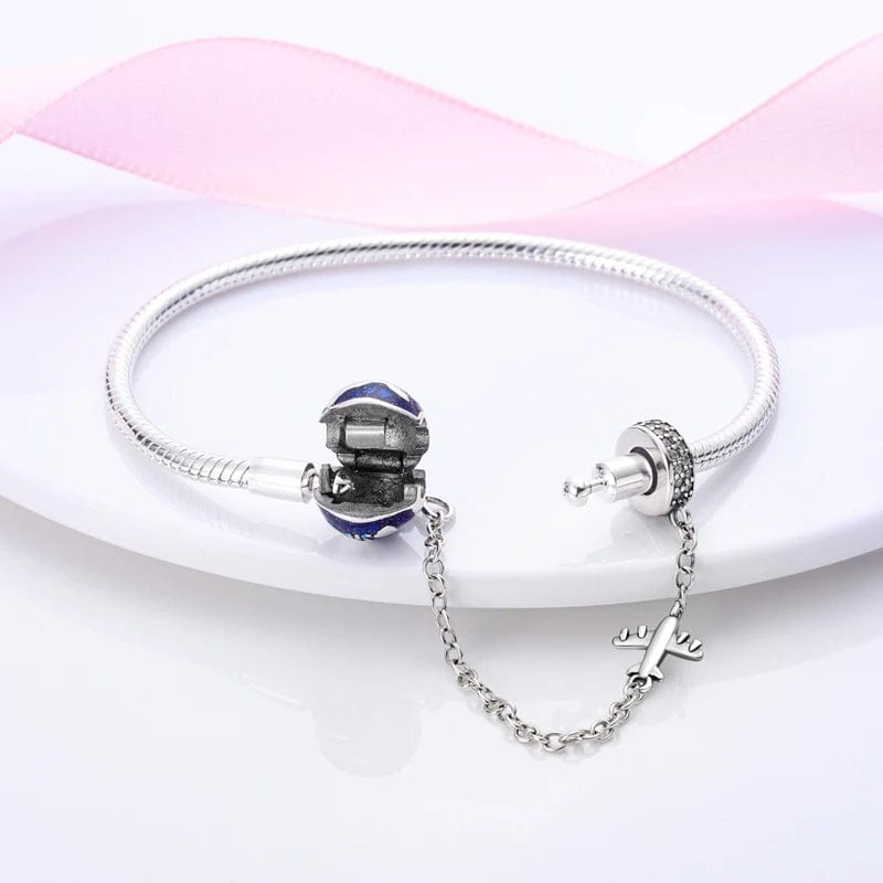 Pangama Jewelry Bracelet World Globe Charm Bracelet with Airplane and Safety Chain